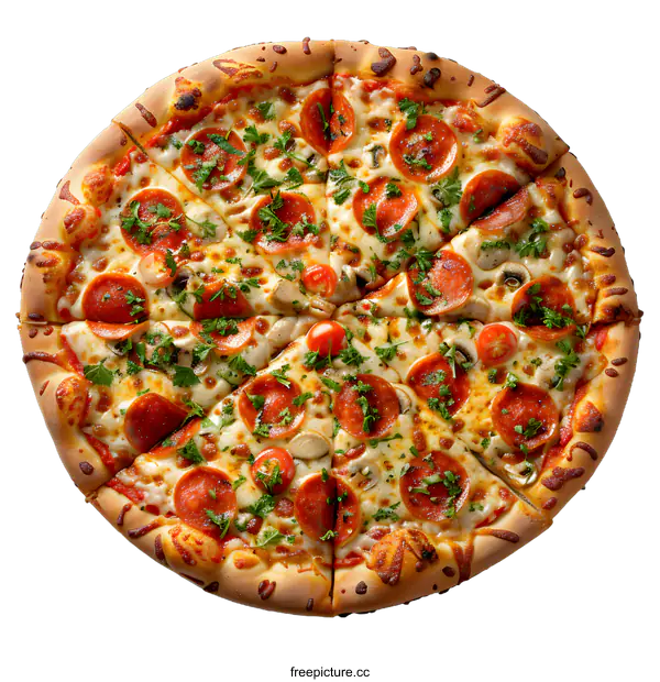[Transparent Background PNG]A delicious pizza with pepperoni, mushrooms, and tomatoes