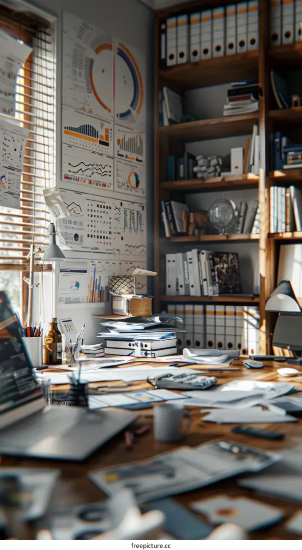 A messy office with a desk, computer, bookshelves, and a lot of paper