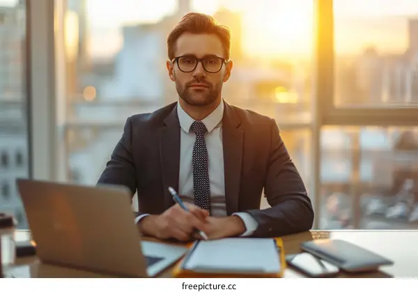 Businessman in suit working at desk in modern office
