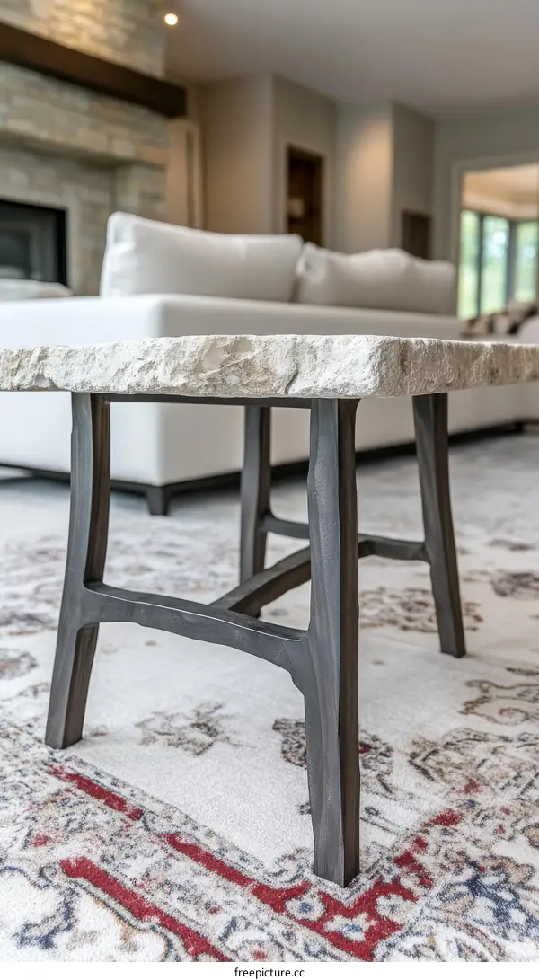 Modern Stone Coffee Table with Rustic Metal Legs