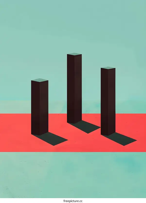 Three Black Pillars Standing on Red and Blue Surface Abstract Minimalist Illustration