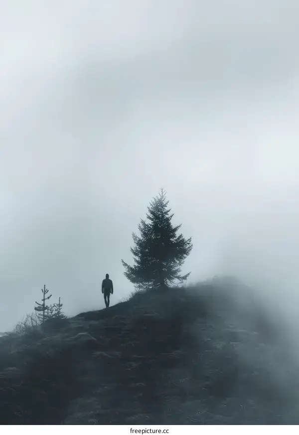 Man walking towards a tree on a foggy mountaintop