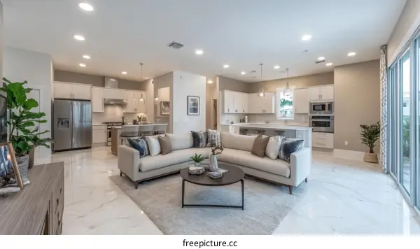 Modern Open-Concept Living Area with Kitchen