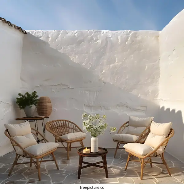 White Wall Patio With Rattan Chairs and Table