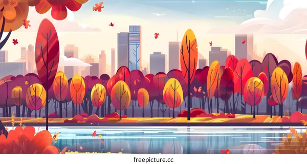 Autumn Landscape with City Skyline and River