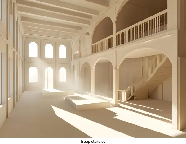 White Minimalist Interior Design With Stairs And Arches