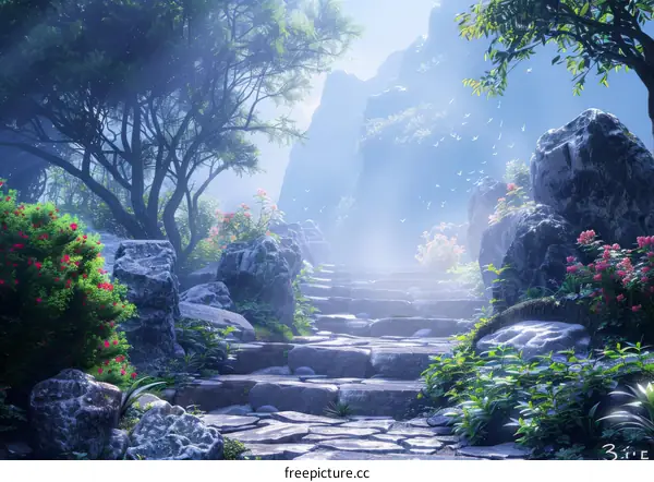 Stone Path in Foggy Forest