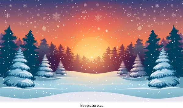 Snowy Winter Landscape in Forest During Sunset