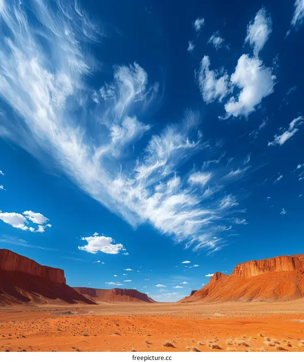 Arid Desert Landscape with Red Rocks and Blue Sky