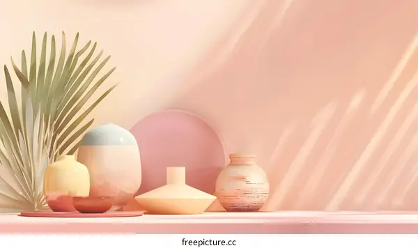 Pastel Colored Vases and Palm Leaf on Pink Background