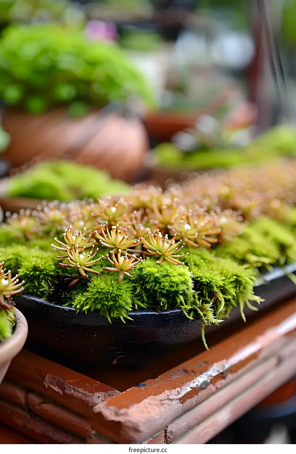 Close Up Of Green Moss Growing In A Black Pot