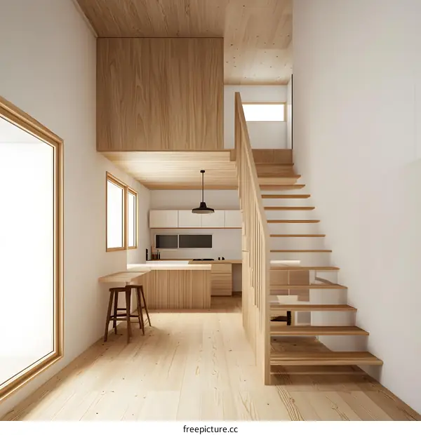 Modern Wooden Staircase in Minimalist Interior Design