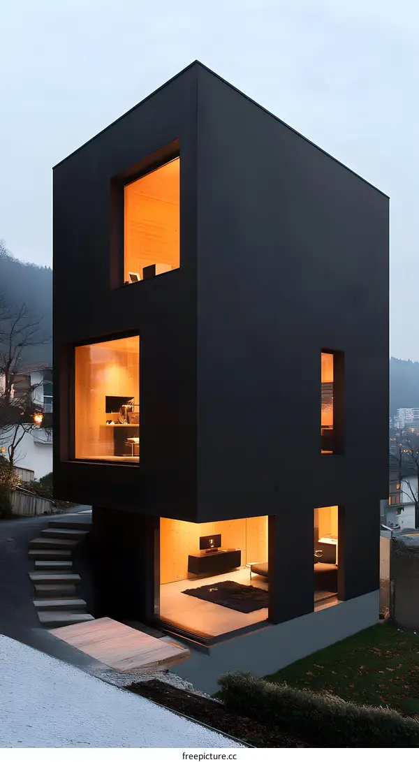 Modern Black House with Large Windows and Minimalist Interior Design