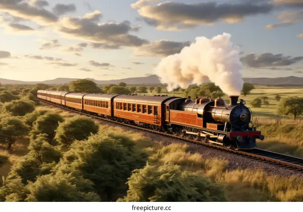 A steam train travels through the African savanna