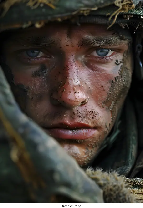 Portrait of a soldier with blue eyes and a face covered in mud