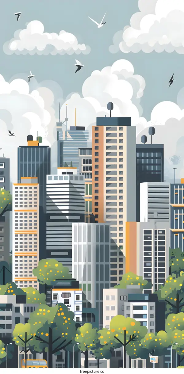 Cityscape Illustration with Birds Flying Over Buildings