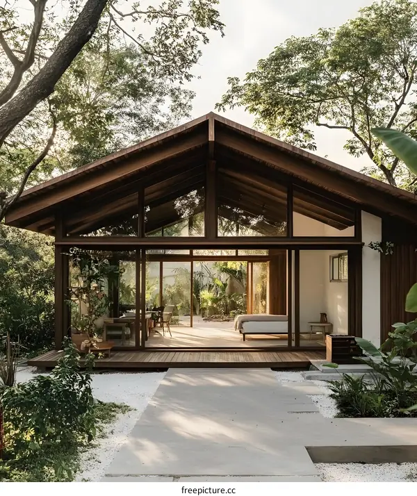 Modern Wooden Cabin with Large Glass Windows in a Tropical Setting