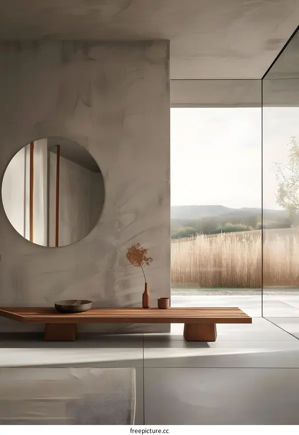 Minimalist Modern Interior Design with Wooden Bench and Large Window