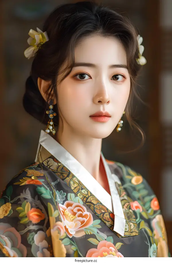 Portrait of a beautiful Asian woman in traditional Korean dress, or Hanbok