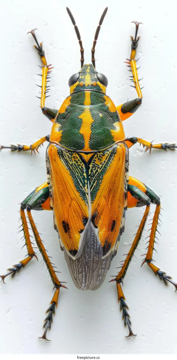 A green stink bug on a white background