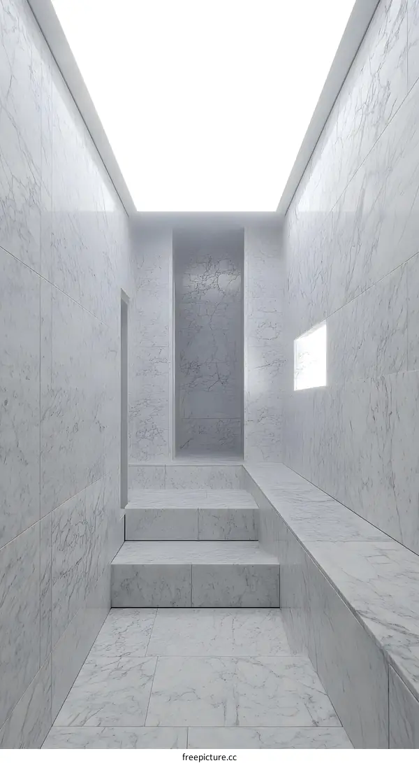 Minimalist White Marble Corridor with Stairs and Recessed Lighting
