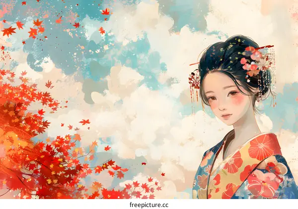 A beautiful Japanese woman in a kimono stands in a field of red maple leaves.