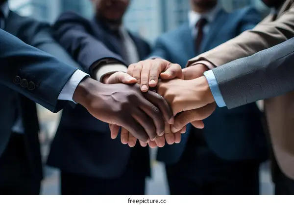 Businessmen of different ethnicities joining hands together over blurred background