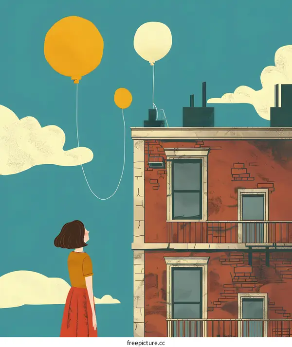 Woman Looking Up at Balloons Floating Above City Building