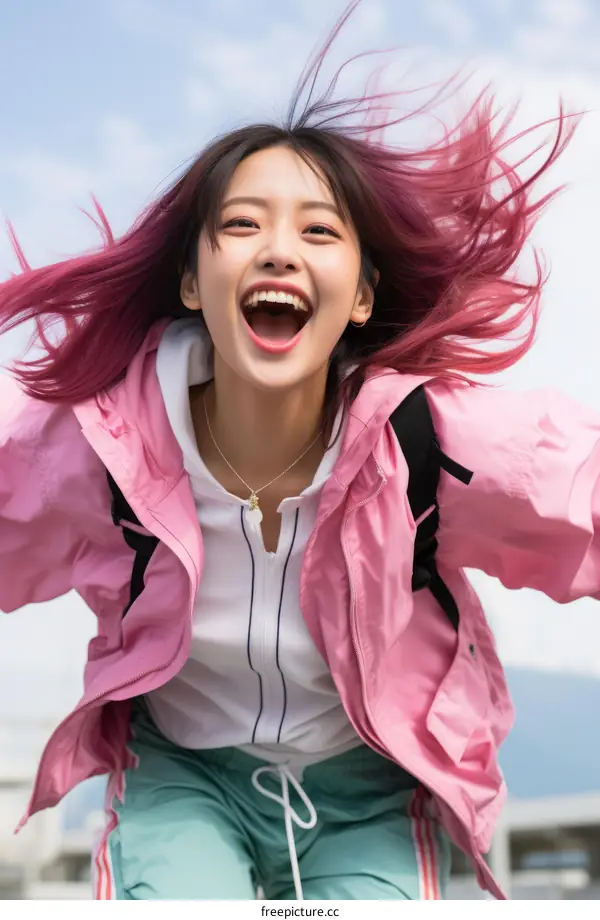 A young Asian woman with pink hair is smiling and jumping in the air.