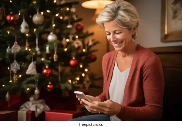 Smiling woman using smartphone near Christmas tree