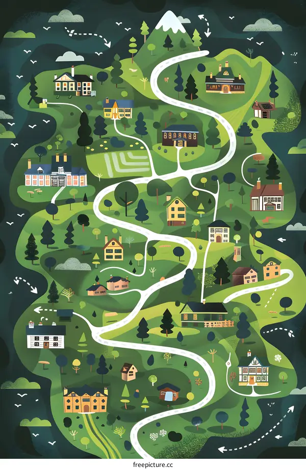 Illustrated Map of a Winding Road Through a Lush Green Village