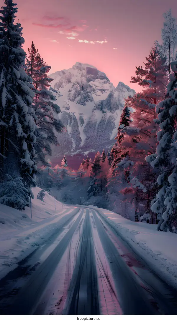 Winter Road Leading to Snowy Mountains at Sunset