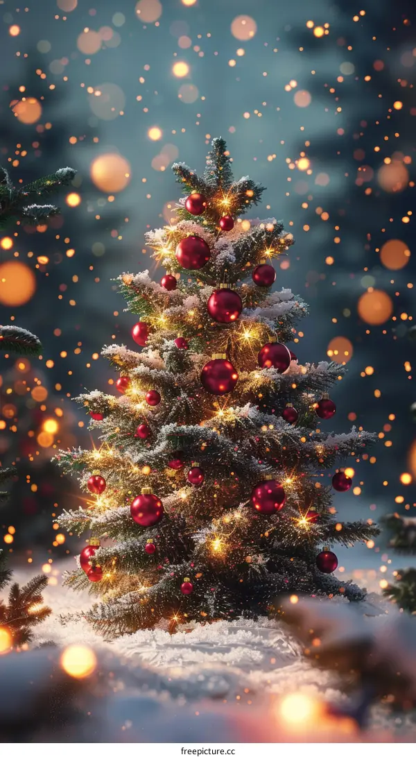 Christmas Tree with Red Ornaments and Lights