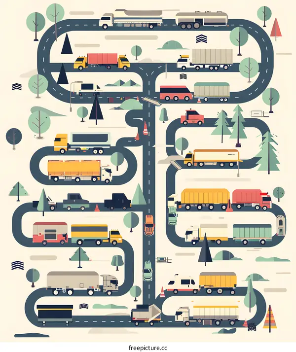 Colorful Illustration of Trucks Driving on Winding Road
