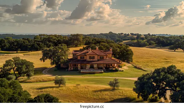 Large stone and wood house in middle of ranch land