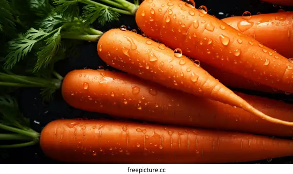 Fresh carrots with green leaves on a black background