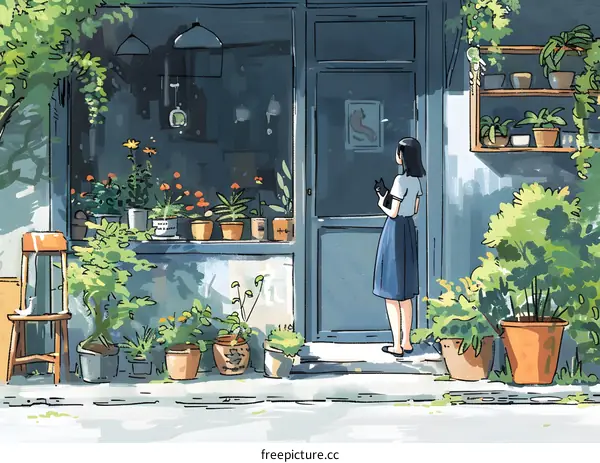 A girl standing in front of a flower shop admiring a black cat
