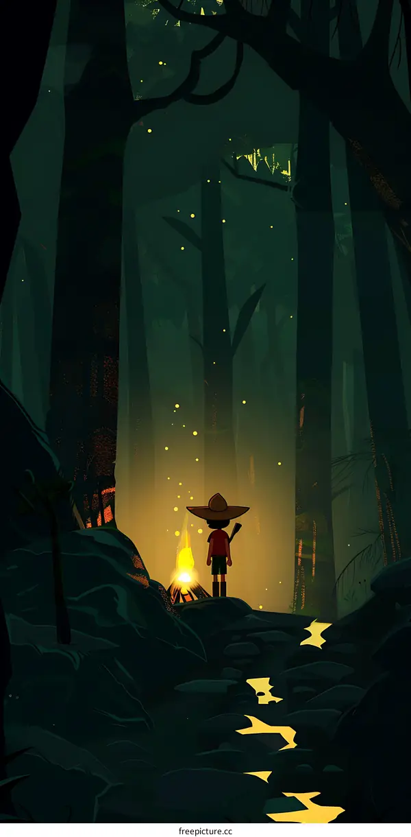 A Boy Sitting by a Campfire in the Woods