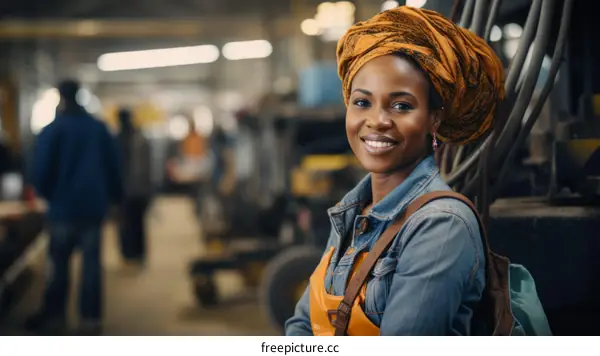 Portrait of a smiling African woman wearing a headscarf in a factory