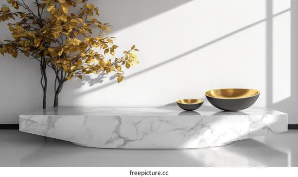 Modern Minimalist Marble Display Stand with Gold Leaf Tree