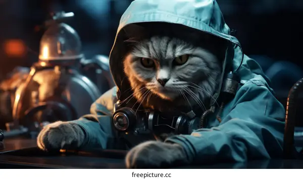 Gray Cat in a Spacesuit Sitting on a Table in a Spaceship