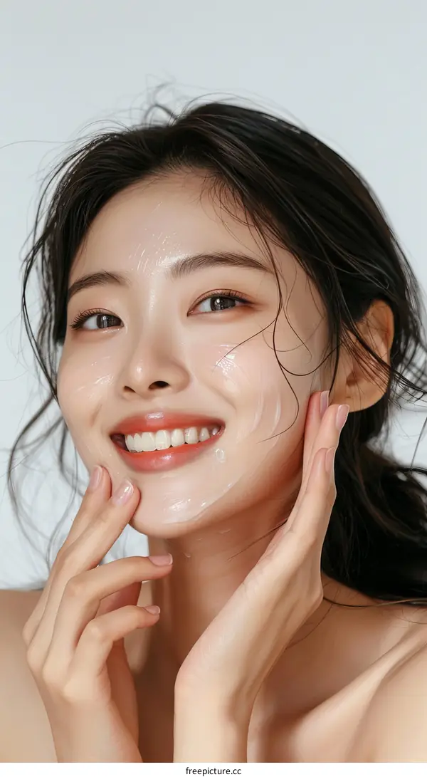 Asian woman applying moisturizer to her face