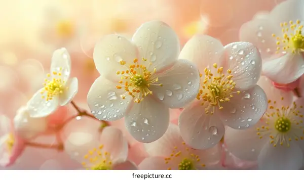 Close-up of white and pink cherry blossoms with water droplets on the petals