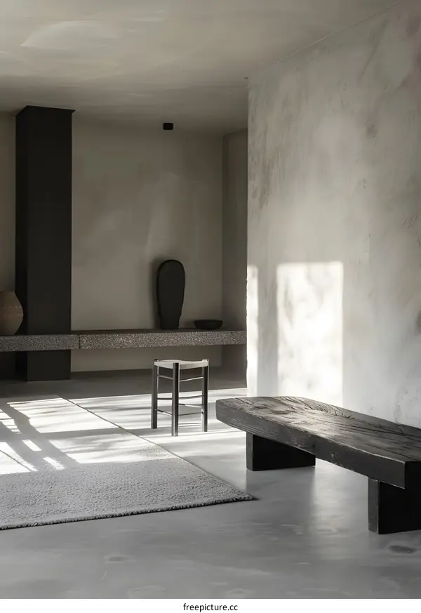 Minimalist Interior Design with Concrete Walls and Wooden Furniture