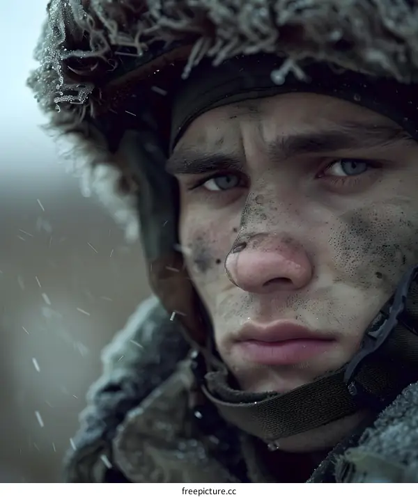 Portrait of a young soldier in the cold weather