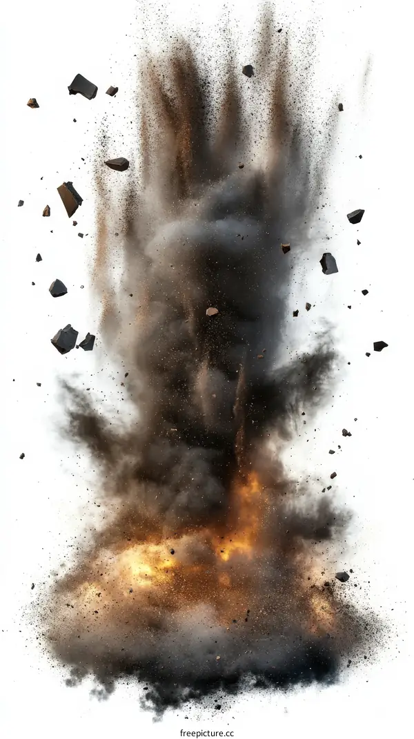 Explosion of Debris and Dust Cloud Isolated on White Background