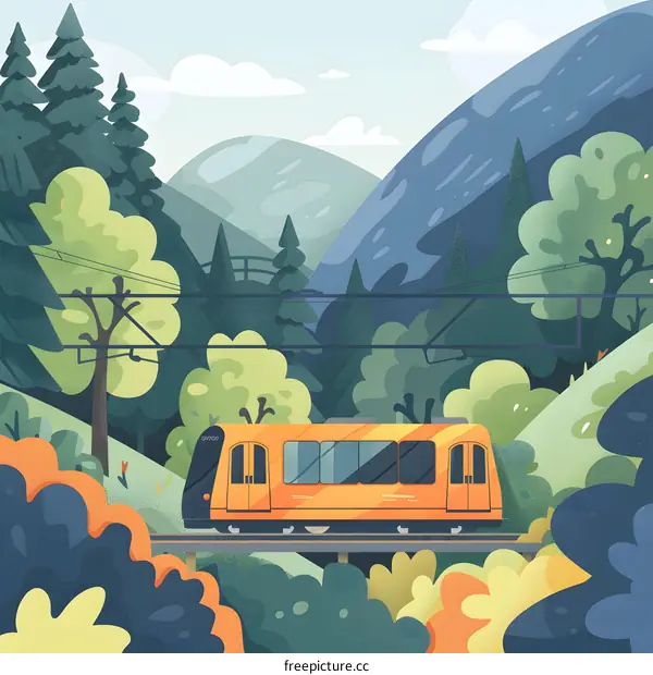 Train Traveling Through Green Mountain Landscape Illustration