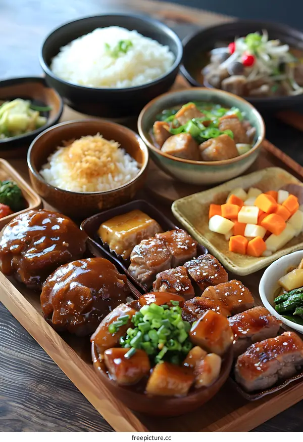 A delicious bento with rice, soup and an assortment of dishes