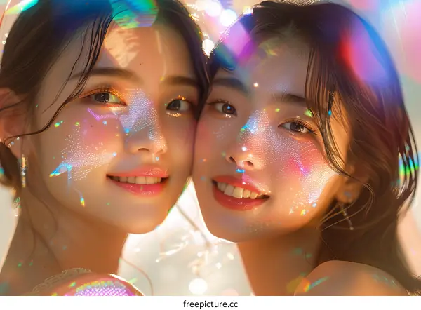 Two Asian women with face paint smiling at each other