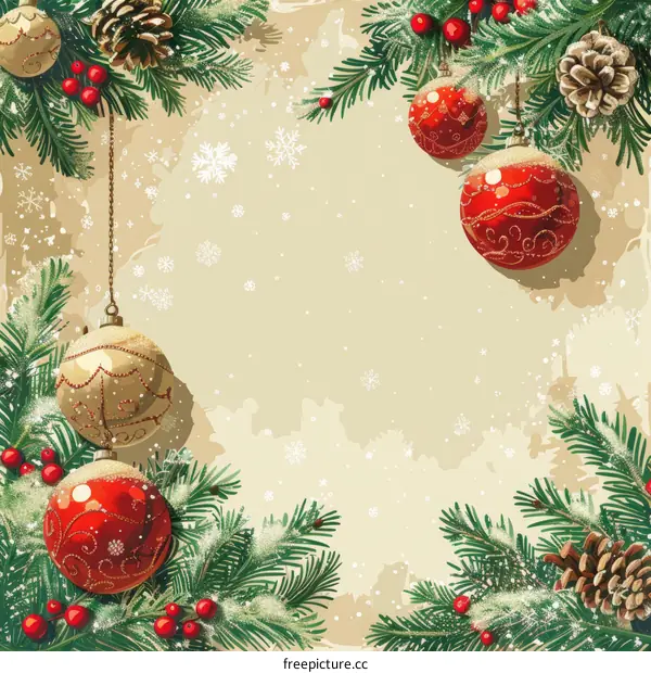 Christmas background with fir branches and red and gold ornaments